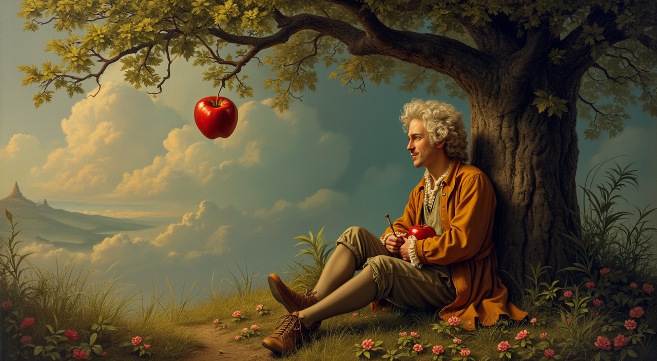 AI generated image by FLUX.1-pro: Newton is sitting under a tree. An apple fell on his head