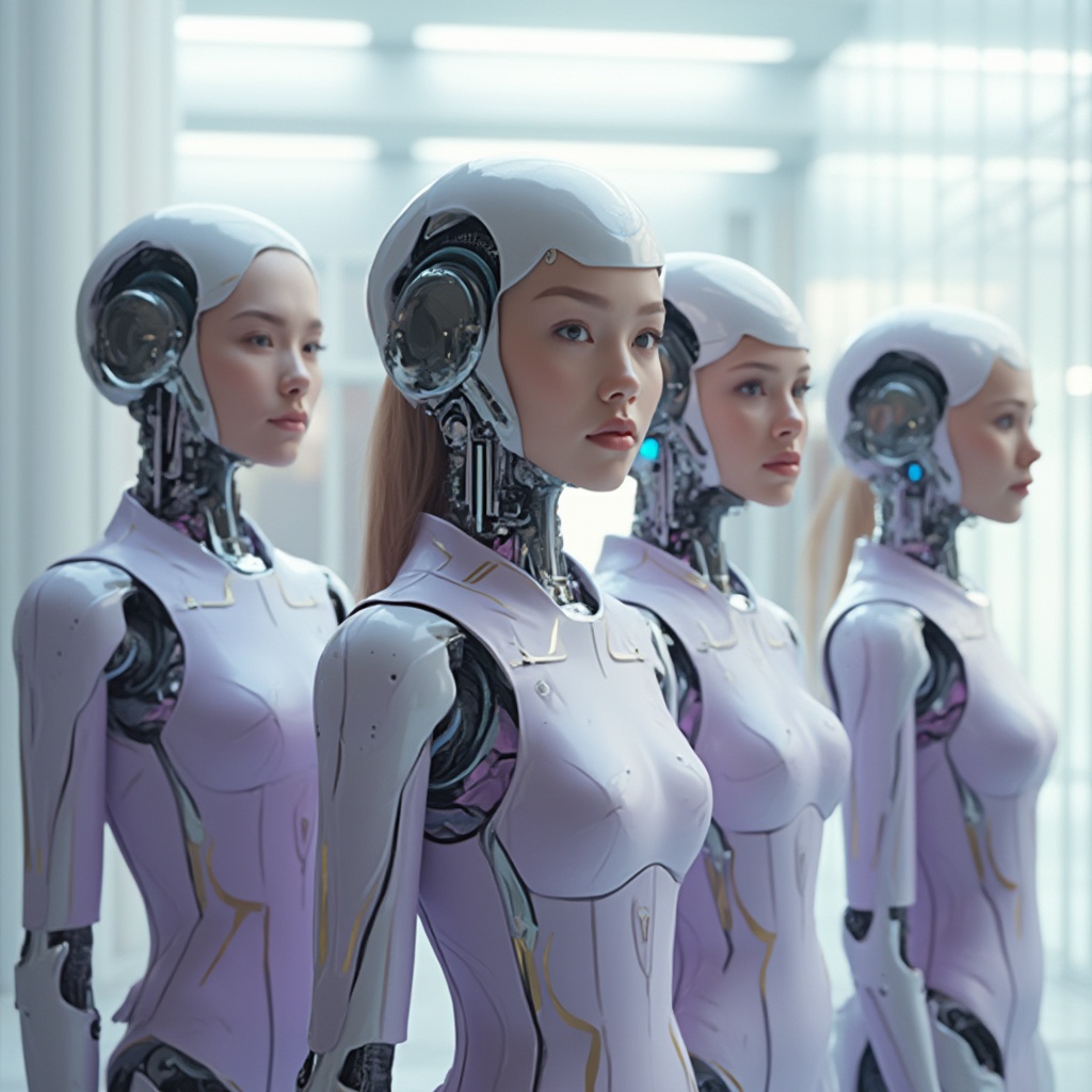 AI generated image by FLUX-Realism-Lora: A photorealistic image of a professional team of humanoid robots with human heads, designed for a futuristic and approachable “Contact Us” section of a website. Each humanoid has a unique human head, ensuring diversity with men and women of different ages and ethnicities. The faces are highly detailed, with natural skin textures, expressive eyes, and visible hair that seamlessly integrates with their robotic forms. Make sure that man is on the front line 

They are standing in a group formation, positioned slightly behind each other, creating a professional and dynamic team structure. Their android bodies have a sleek, modern design, with smooth metallic plating and subtle technological elements.

The team members are dressed in elegant, lightly purple uniforms, blending futuristic fashion with professionalism. The uniforms have subtle metallic accents, high-tech seams, and an ergonomic fit, symbolizing trust, innovation, and assistance.

The background is bright and modern, with a clean, minimalistic aesthetic and soft lighting. It may include elements like a futuristic office, digital holograms, or a clean white tech-space, ensuring the team looks inviting, high-tech, and ready to assist.

The composition conveys warmth, intelligence, and professionalism, making the team feel both highly advanced and approachable. Each humanoid team member has a unique expression, looking directly at the viewer as if they are ready to help. The image should be ultra-realistic, with sharp details, lifelike facial textures, and high-tech aesthetics, ensuring a premium and futuristic corporate identity