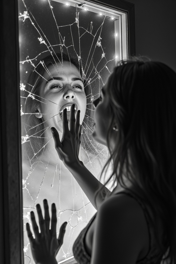 AI generated image by FLUX.1-image-to-image:  a black and white photo of a woman touching a shattered mirror, with cracks radiating from the reflection of her screaming mouth. Dramatic low-key lighting. Backlight. 