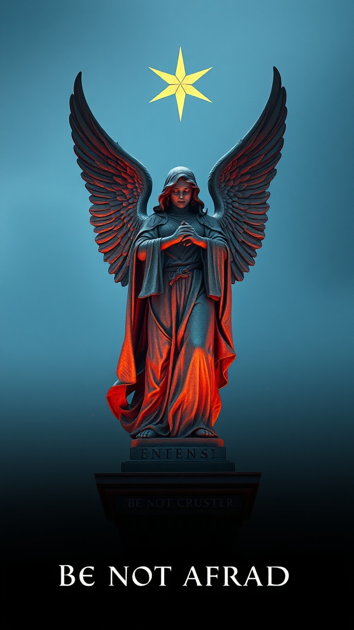 AI generated image by FLUX.1-schnell: a statue of an angel with a star above it, motivational poster, inspired by Edo Murtić, youtube thumbnail, left trad, necro, be not afraid, weta, holy crusader, the reaper, a dark