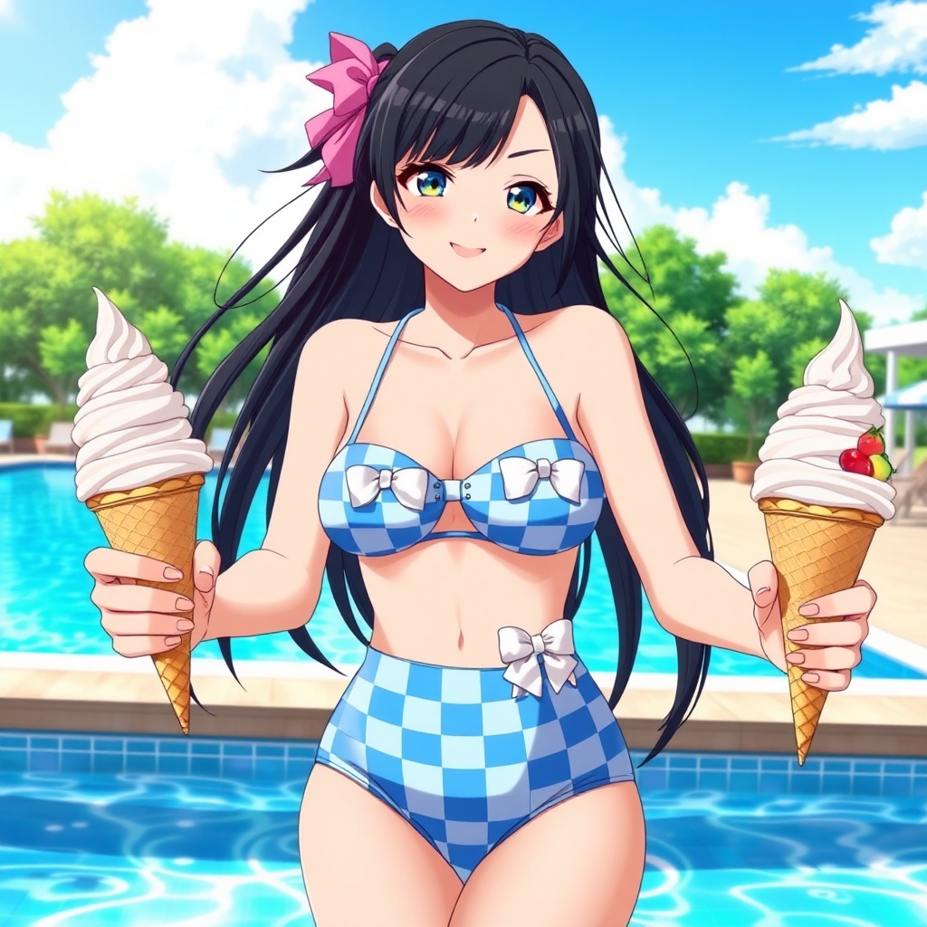 AI generated image by FLUX.1-schnell: A beautiful young woman standing by an outdoor swimming pool on a sunny day, wearing a stylish blue-and-white checkered bikini with white bows on the chest and waist. She has long black hair and a slim, athletic figure. She holds two large ice cream cones with whipped cream and fruit toppings in each hand, smiling sweetly. The background features a clear blue sky, green trees, and poolside structures, creating a bright and summery atmosphere. Render this in a detailed, high-definition anime style, emphasizing the vibrant colors, her playful expression, and the intricate design of her swimwear.