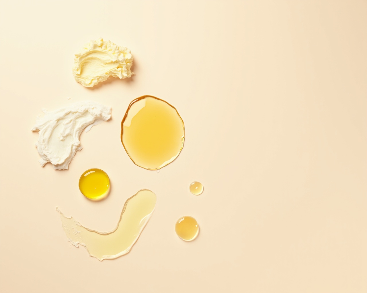 AI generated image by FLUX-Realism-Lora: A minimalistic and artistic flat lay featuring natural skincare ingredients. Include a dollop of whipped tallow, a clear oil droplet, a smear of golden honey, a small puddle of amber-colored oil, and a drop of light yellow to pale amber-colored oil. Arrange these elements elegantly on a soft beige background. Use soft lighting to highlight textures and transparency, creating a clean, luxurious, and natural aesthetic.