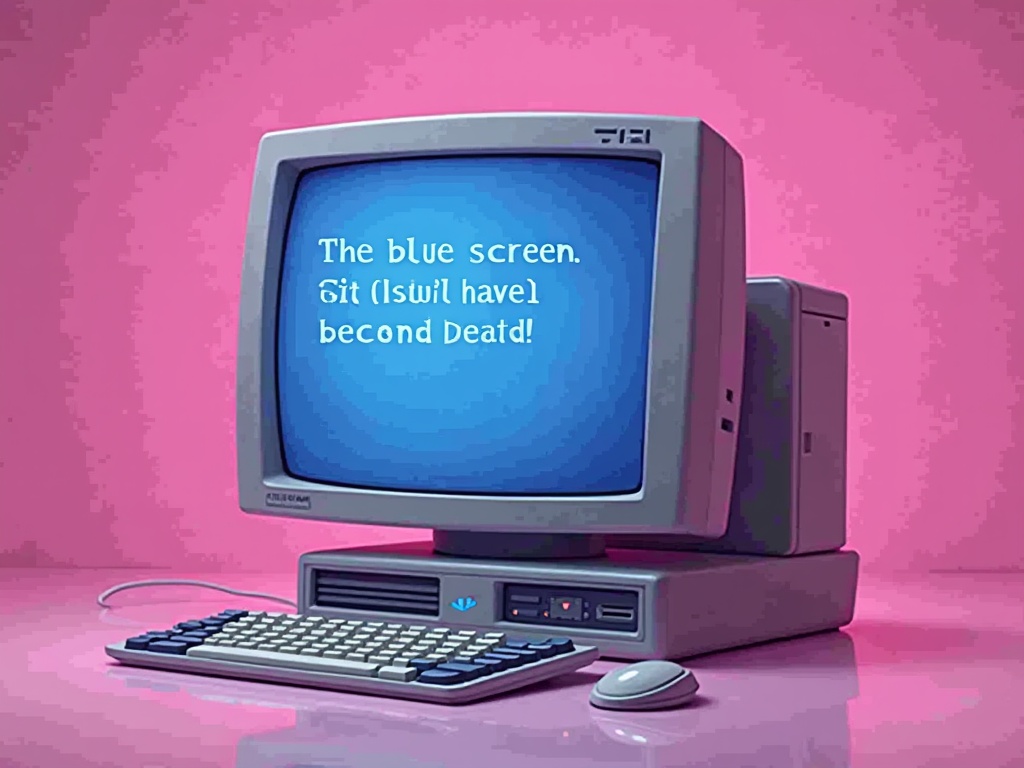 AI generated image by FLUX.1-image-to-image: Update the blue curved screen on this image to have the text from the blue screen of death from windows 95