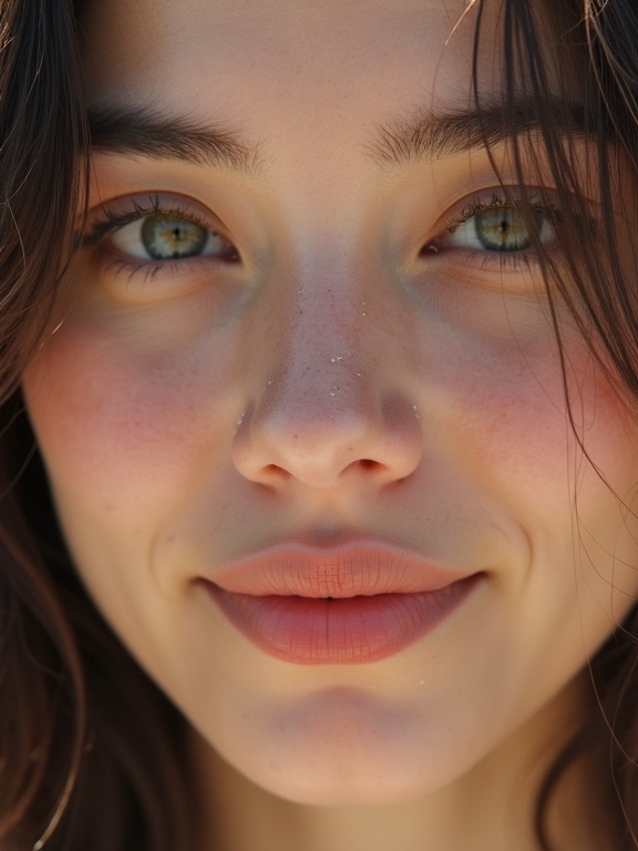 AI generated image by FLUX.1-image-to-image: Ultra realistic close-up portrait of a young woman, head and shoulders framing, natural facial expression, subtle candid smile, luxury fashion editorial photography, soft natural daylight, shallow depth of field, 85mm lens, realistic skin texture with imperfections, visible pores, natural lighting falloff on face, cinematic but realistic tone, influencer-style portrait for Instagram Reels, slightly imperfect candid moment, modern lifestyle photography, sharp focus on eyes, natural hair strands, minimal background blur, photorealistic, 8k, professional DSLR photo
