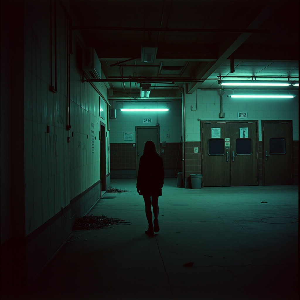 AI generated image by FLUX.1-schnell: analog flash photo of an abandoned, empty, frozen in time and slightly unsettling, but also familiar, 1girl, Nostalgia, familiarity, discomfort, after hours, urbancore, the effect of being in a retro horror or RPG video game --v 6.0