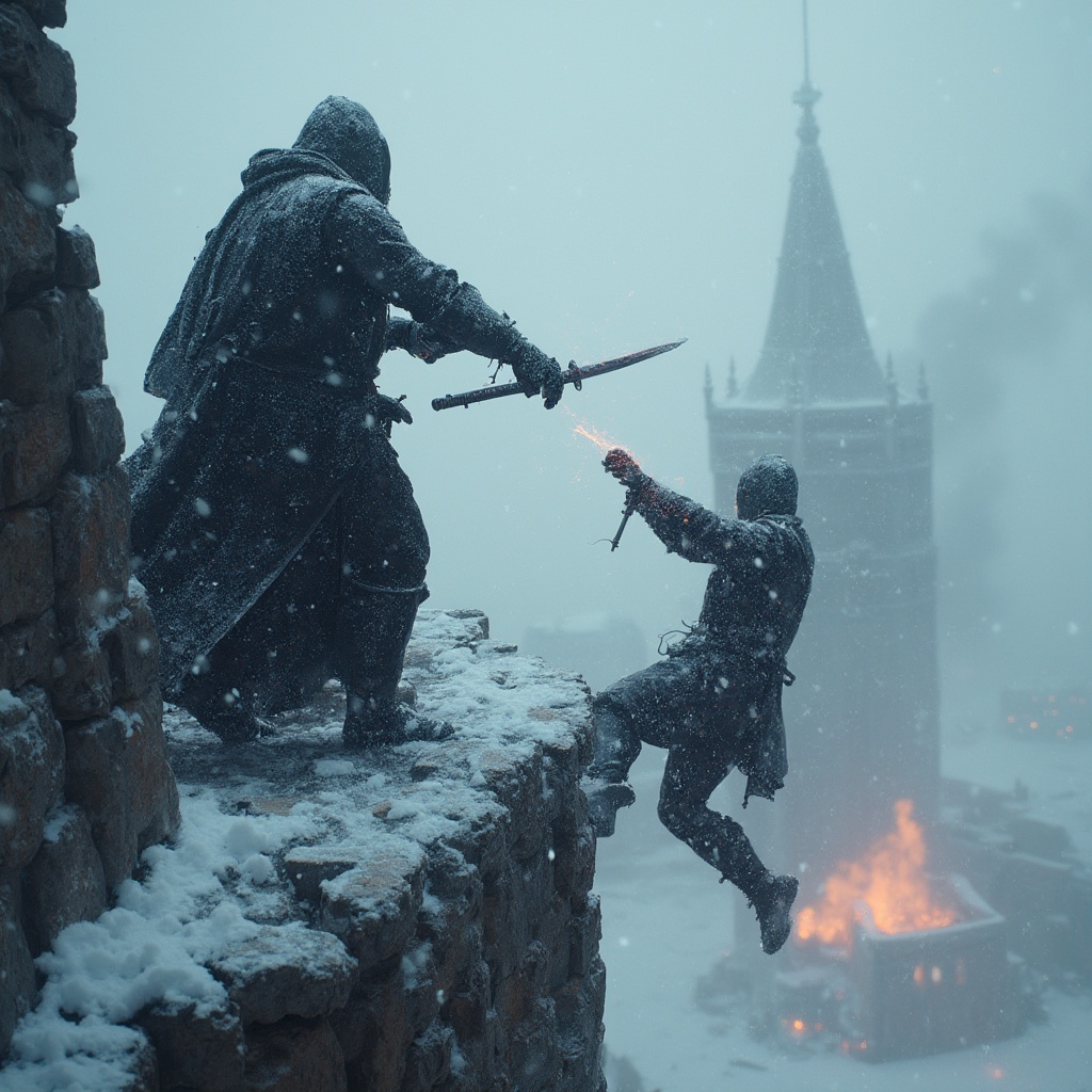 AI generated image by FLUX-Realism-Lora: Scene: Falling from the Tower
Location: The top of the tower in the fortress. It's snowing, a blizzard. Below, a full-scale battle is going on - lights, smoke, screams. The tower is partially destroyed, stones and debris are scattered around.
Heroes:
Protagonist: Dressed in black clothes, with a hood and a mask. His katana in his hands, he is wounded, but full of determination.
Opponent: The same mysterious warrior, but his mask is damaged, you can see his face, full of rage and despair.
Atmosphere: Cold, snow and wind add to the drama. The sounds of battle can be heard below, but at the top of the tower, there is only the noise of the blizzard and the heavy breathing of the heroes.
Scene Development:
Beginning of the fight:
The heroes clash in a furious fight. Their katanas collide, sparks fly in different directions.
The camera shows close-ups of their faces: the protagonist is focused, the enemy is furious.
Snow falls on their clothes and blades, creating a contrast between white and black.
Climax:
The protagonist deftly dodges the blow and uses the momentum to push the opponent to the edge of the tower.
The opponent, losing his balance, grabs the edge of the tower, but the protagonist delivers a finishing blow, forcing him to let go of his hand.
The camera shows the opponent falling down, his figure slowly disappearing into the snowstorm.
Fall:
The camera follows the falling opponent, showing his fall from a height. The lights of battle and smoke are visible below.
The sound of the fall is drowned out by the noise of the snowstorm and the cries of battle.
Final Shot:
The protagonist stands on the edge of the tower, his breathing heavy, katana in hand. He looks down where his opponent disappeared.
The camera slowly pulls back, showing his lone figure against the backdrop of the snowstorm.
AI Prompt:
"The top of a tower in a fortress. It's snowing, a blizzard. Two heroes are fighting on the edge of the tower. The protagonist is dressed in black, with a hood and mask, holding his katana. The enemy, an equally mysterious warrior, attacks fiercely. The protagonist dodges and pushes the enemy to the edge of the tower. The enemy grabs the edge, but the protagonist delivers a finishing blow, causing him to fall. The camera shows the enemy falling down into a snowstorm. Final shot: The protagonist stands on the edge of the tower, breathing heavily, holding a katana. The lights of battle and smoke are visible below."
Additional details:
Light and shadow: The contrast between the dark figures of the heroes and the white snow. The lights of the battle below illuminate the tower.
Sound: The noise of the blizzard, the clash of swords, the cries of the battle below, the heavy breathing of the heroes.
Emotions: Close-ups of the heroes' faces to show their determination, rage, and despair.