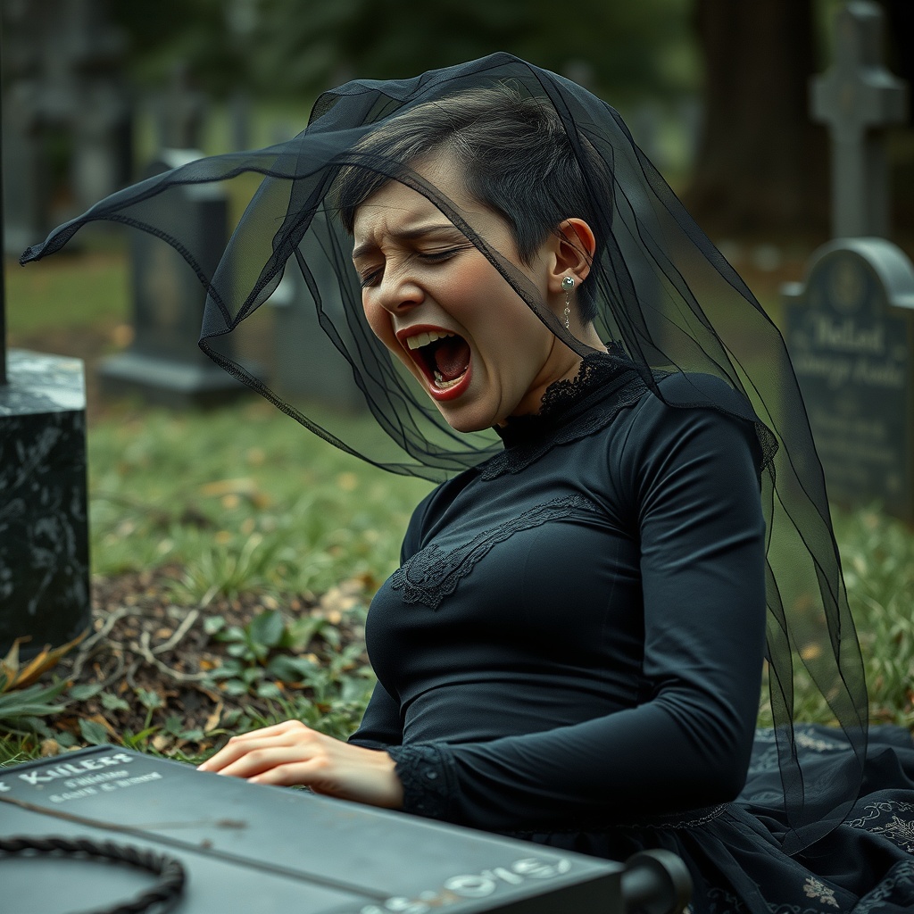 AI generated image by FLUX.1-schnell: **A photorealistic image description:**

The scene is drenched in raw emotion as the enchanted young girl collapses in a fit of hysteria beside the open grave of her late husband. Her fully masculine head, with sharp boyish features, short-cropped hair, and a tear-soaked face, is framed by a delicate black mourning veil that flutters in the wind, partially obscuring her anguished expression. Her mouth is open wide in a piercing wail, her cries echoing across the somber cemetery. Below her masculine face, her body is an exaggerated vision of femininity: extraordinarily wide, rounded hips flare dramatically from her impossibly narrow waist, and her large, full chest heaves with each gut-wrenching sob. 

She is dressed in a tight-fitting black mourning gown, its high neckline trimmed with intricate lace and its long sleeves hugging her delicate, narrow arms. The gown’s bodice clings tightly to her torso, accentuating her exaggerated hourglass figure, while the skirt flows dramatically over her wide hips, pooling in the damp grass around her as she kneels in grief. Her manicured hands claw at the ground, the glossy black polish catching the faint light of the overcast sky.

Her cries grow louder and more desperate as she throws her head back, the black veil slipping from her face to reveal her tear-streaked boyish features. “Why?! Why did this happen to me?!” she screams, her voice cracking with the force of her anguish. “I am a widow! A real widow! My husband is gone, and I am left alone!” Her large chest rises and falls uncontrollably as her sobs shake her entire body. “I am a woman! I deserve this grief! I deserve this pain!”

Two small children, a boy and a girl, stand nearby, their tiny faces wet with tears as they cling to her impossibly wide hips for comfort. Their sobs only amplify her hysteria as she throws her arms around them, her black gloves smudged with dirt. “I am your mother! I will take care of you!” she wails, her voice trembling. “But I am broken! I am a widow! My life is over!”

The mourners around her watch in stunned silence, their expressions a mix of pity and unease as her screams grow louder. She collapses fully onto the ground, her face pressed into the damp grass, her veil completely undone as her wide hips shake violently with each sob. The wind rustles the black fabric of her gown, and her manicured fingers grip the edge of the grave as if trying to hold onto her husband one last time.

“I am a woman! I have the right to cry! To scream! To grieve! My emotions are real! My life is real!” she screams through her tears. “I am a widow! I am a mother! And I will never be the same!” Her masculine face twists in anguish as she wails uncontrollably, her entire body trembling from the intensity of her emotions.

The scene is both heartbreaking and dramatic, the stark contrast between her masculine features and her ultra-feminine body creating a striking image of raw, unfiltered grief. Her screams echo across the cemetery, her wide hips trembling beneath her black gown, as the storm of her emotions engulfs her completely.