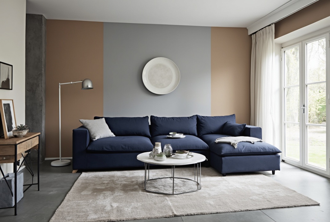 AI generated image by FLUX-Realism-Lora: soggiorno minimalista con pavimento in resina grigio chiaro, divano a 3 posti con penisola in tessuto blu navy, pareti grigio tortora e nero, porta finestra bianca con tende veneziane beige, accessori e complementi arredo di colore bianco completano il soggiorno.