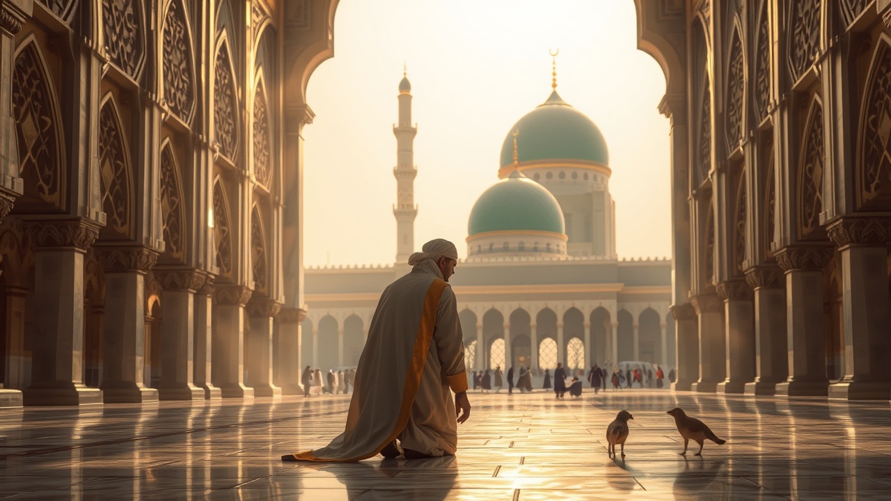 AI generated image by FLUX.1-schnell: A serene, holy atmosphere surrounds the magnificent Mosque of the Prophet ﷺ in Madinah. The soft, golden light of dawn filters through the mosque’s ornate windows, casting a peaceful glow on the marble floors. Sultan Nur ad-Din Zangi, freshly bathed and adorned in his finest robes, enters with reverence. He approaches the sacred area of Riyadh al-Jannah, his face serene and filled with devotion. In the background, the majestic green dome of the Prophet’s ﷺ tomb rises, bathed in divine light, while a faint whisper of prayer echoes through the air. Sultan kneels gracefully, offering silent prayers, his hand resting on the cold stone floor, as the tranquility of the moment envelops the scene.