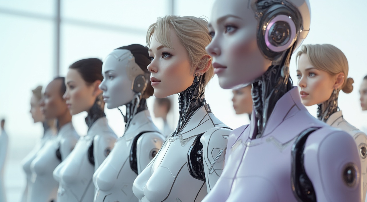 AI generated image by FLUX-Realism-Lora: A photorealistic image of a professional team of humanoid robots with human heads, designed for a futuristic and approachable “Contact Us” section of a website. Each humanoid has a unique human head, ensuring diversity with men and women of different ages and ethnicities. The faces are highly detailed, with natural skin textures, expressive eyes, and visible hair that seamlessly integrates with their robotic forms. Make sure that man is on the front line 

They are standing in a group formation, positioned slightly behind each other, creating a professional and dynamic team structure. Their android bodies have a sleek, modern design, with smooth metallic plating and subtle technological elements.

The team members are dressed in elegant, lightly purple uniforms, blending futuristic fashion with professionalism. The uniforms have subtle metallic accents, high-tech seams, and an ergonomic fit, symbolizing trust, innovation, and assistance.

The background is bright and modern, with a clean, minimalistic aesthetic and soft lighting. It may include elements like a futuristic office, digital holograms, or a clean white tech-space, ensuring the team looks inviting, high-tech, and ready to assist.

The composition conveys warmth, intelligence, and professionalism, making the team feel both highly advanced and approachable. Each humanoid team member has a unique expression, looking directly at the viewer as if they are ready to help. The image should be ultra-realistic, with sharp details, lifelike facial textures, and high-tech aesthetics, ensuring a premium and futuristic corporate identity