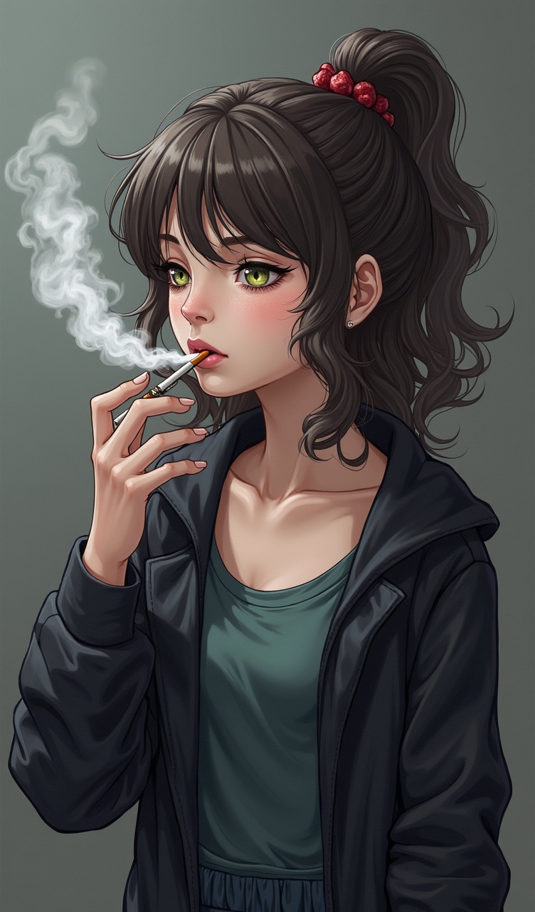 AI generated image by FLUX.1-image-to-image: The girl is smoking a cigarette and exhaling heavy smoke 