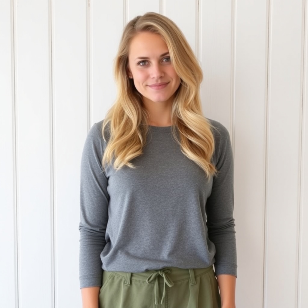 AI generated image by FLUX.1-schnell: A woman with long, wavy blonde hair is wearing a grey long-sleeved shirt and olive green shorts. She is standing in front of a white wood panel wall. She is looking at the camera with a slight smile. Her hair is parted on the side and falls in soft waves around her shoulders. She is wearing a simple grey long-sleeved shirt