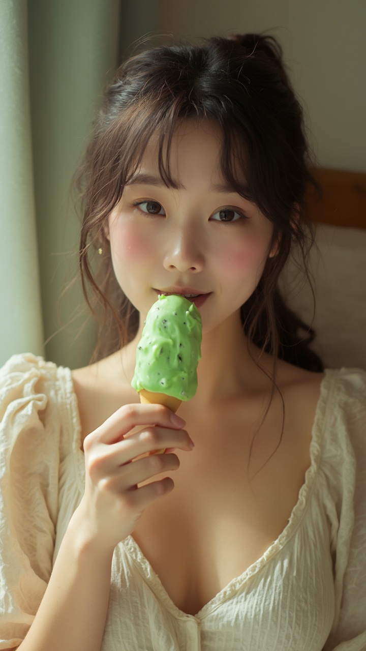 AI generated image by FLUX-Realism-Lora: Selfie of an Japanese woman, lying on bed, eating green ice cream 