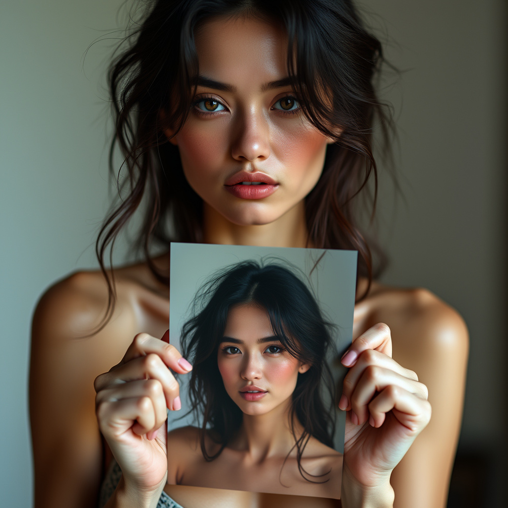 AI generated image by FLUX.1-pro: a woman holding a photo of herself, highly detailed photography, photorealistic, (photograph, RAW, 8k, High resolution, highly detailed, realistic:1.2), (skin pores:0.3), (pale skin:0.3), (Petite:0.2), dark messy hair, 30 year old woman, sexy, gorgeous, cute, blushing, beautiful, eye contact, full body shot