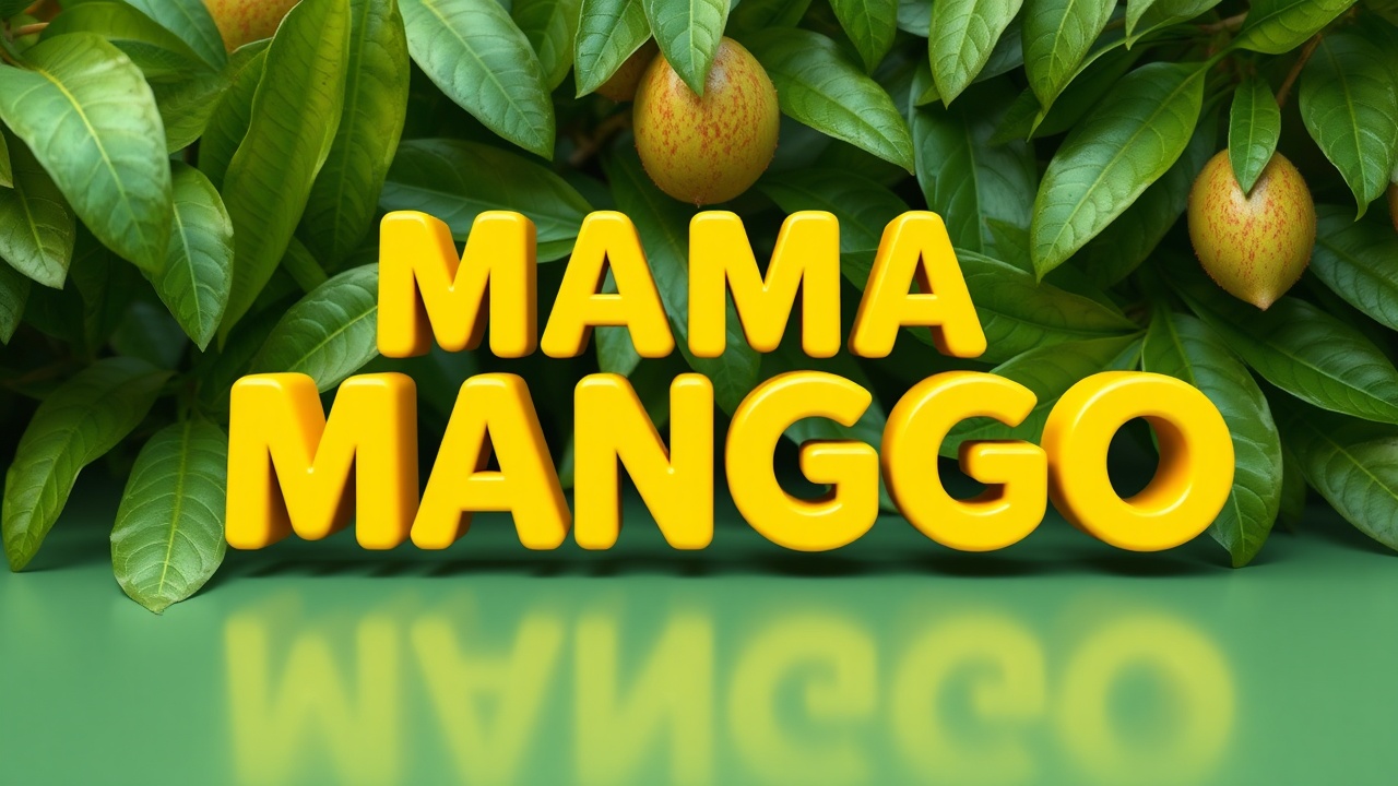 AI generated image by FLUX.1-schnell: Create a 3d version of the text MAMA MANGO. The text's iconic yellow should be preserved, and the name 'MAMA MANGO' should be clearly visible . Enhance the text with green mango leaves behind the text for a sustainable look. The surroundings should be calm, 