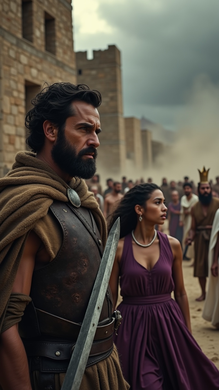 AI generated image by FLUX.1: "Ultra-detailed 8K shot, Jehu, a 35-year-old man, weathered tan skin, messy black hair, trimmed beard, fierce dark eyes, worn leather armor, brown tunic, gleaming drawn sword, standing before a stone palace, pointing at a high window, Jezebel pushed by eunuchs in white tunics, nervous sweaty faces, Jezebel’s purple dress billowing, small golden crown wobbling, dark gray sky, swirling dust in the air, 9th century BC, tense cinematic style with hyper-realistic textures in skin, metal, and stone."