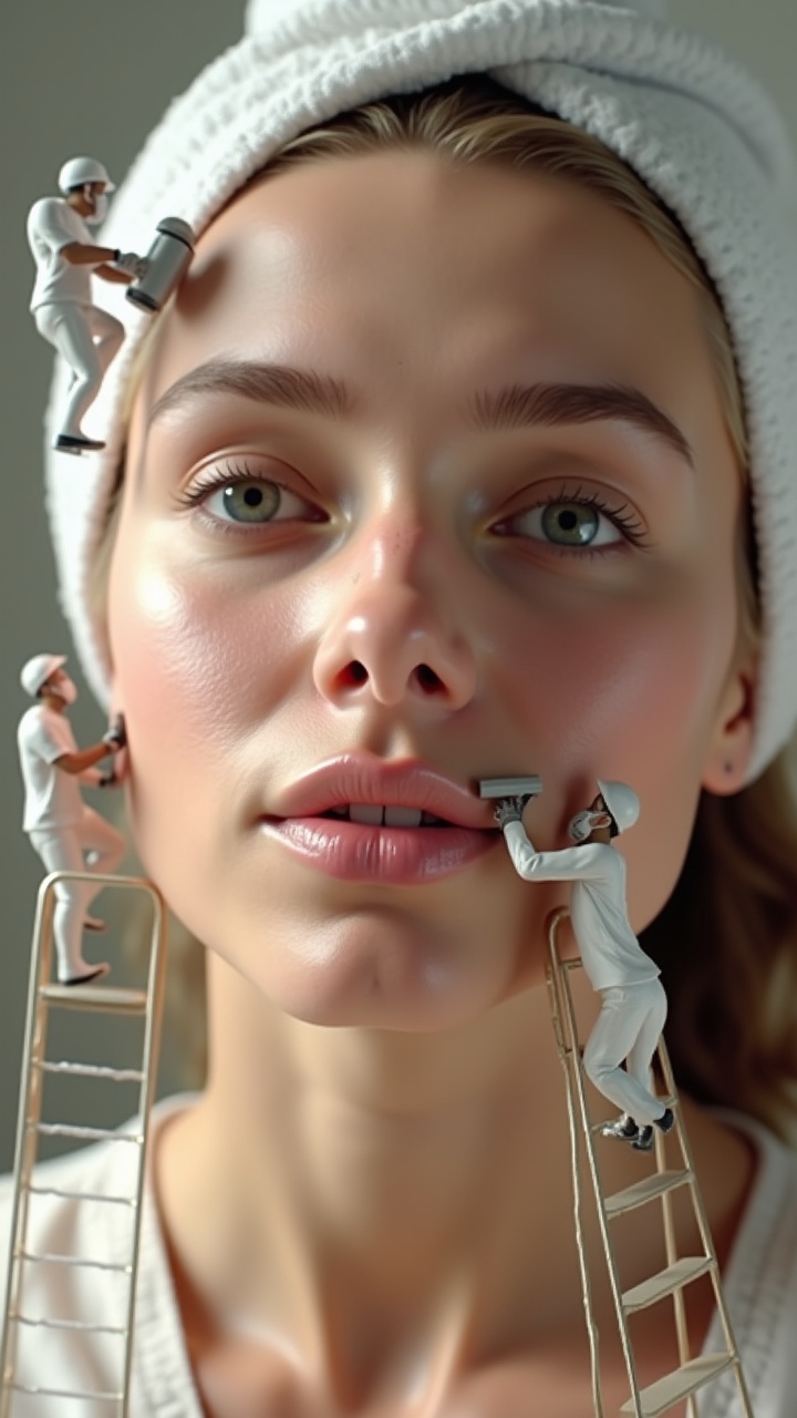 AI generated image by FLUX.1: 
"A photorealistic macro shot of the same tiny workers, now removing ladders and packing up tools as the skin has completely transformed. The surface is smooth, flawless, and even-toned. Some workers give a final touch with tiny precision rollers, while others wipe down the skin to enhance its natural glow. The woman’s complexion is now clear and radiant. Ultra-detailed textures, extreme macro realism, cinematic lighting."

