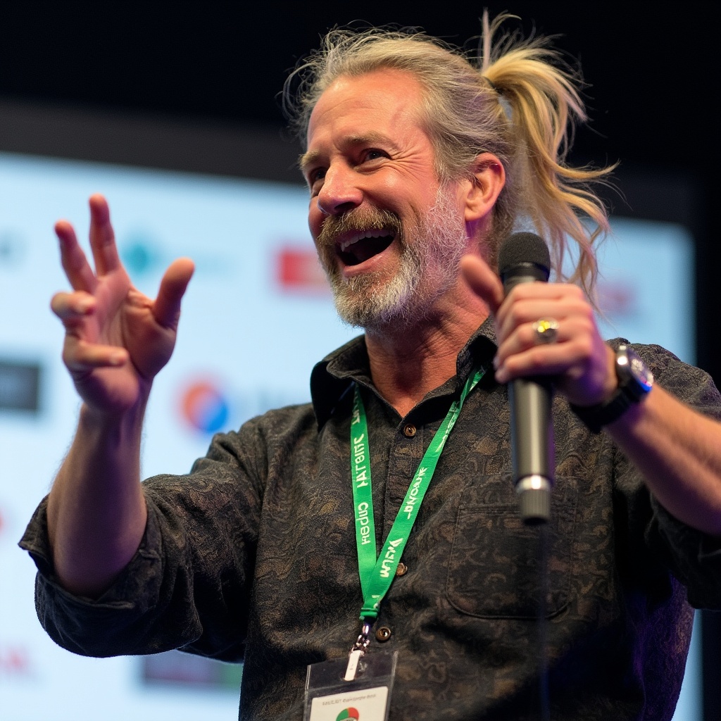 AI generated image by FLUX-Realism-Lora: A charismatic speaker is captured mid-speech. He has long, slightly wavy blonde hair tied back in a ponytail. His expressive face, adorned with a salt-and-pepper beard and mustache, is animated as he gestures with his left hand, displaying a large ring on his pinky finger. He is holding a black microphone in his right hand, speaking passionately. The man is wearing a dark, textured shirt with unique, slightly shimmering patterns, and a green lanyard with multiple badges and logos hanging around his neck. The lanyard features the "Autodesk" and "V-Ray" logos prominently. Behind him, there is a blurred background with a white banner containing logos and text, indicating a professional or conference setting. The overall scene is vibrant and dynamic, capturing the energy of a live presentation.