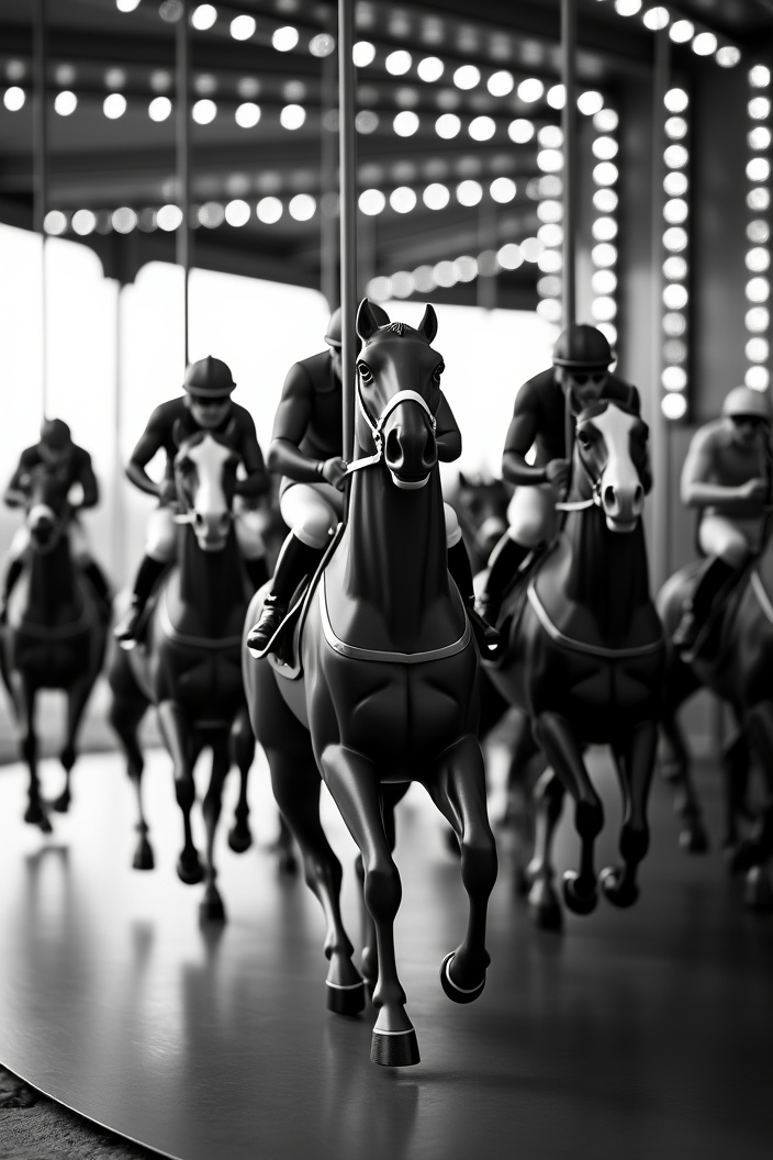 AI generated image by FLUX.1-pro: A closeup black and white photo of racing jockeys rading carousel. The race contest is very intense and dramatic. Motion blur. Backlight 