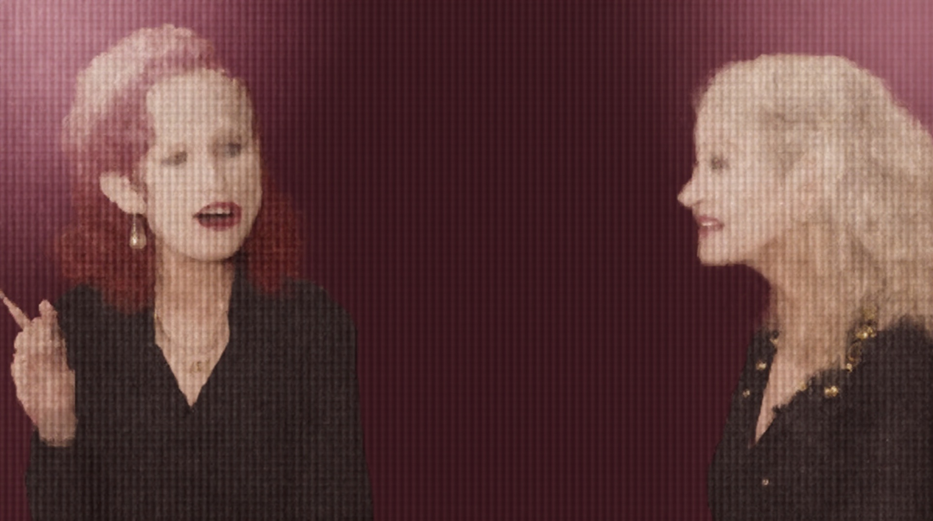 AI generated image by FLUX.1-image-to-image: A YouTube thumbnail featuring two women in conversation against a stylized magenta background with soft lighting and a window silhouette. On the left, a woman with dark red curly hair tied back, wearing a black blazer, earrings, and a necklace, is speaking while raising her index finger with a confident expression. On the right, a blonde woman with light hair styled in a low ponytail, wearing gold hoop earrings and a dark outfit with an embroidered detail, is smiling and looking toward the other woman. The overall mood is professional, engaging, and conversational, resembling an interview or discussion setup.