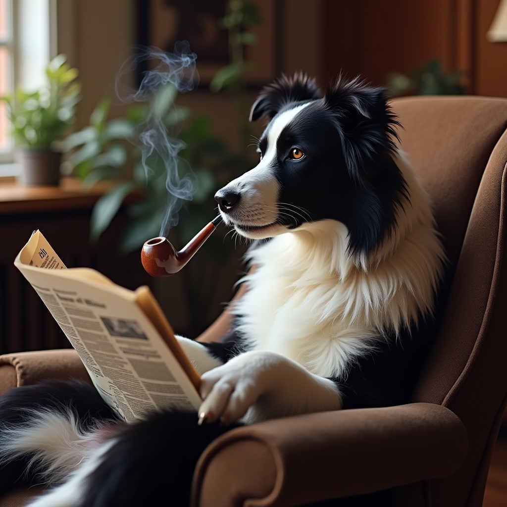 AI generated image by FLUX.1: A black and white border collie relaxing, in an armchair while smoking a pipe and reading a newspaper 