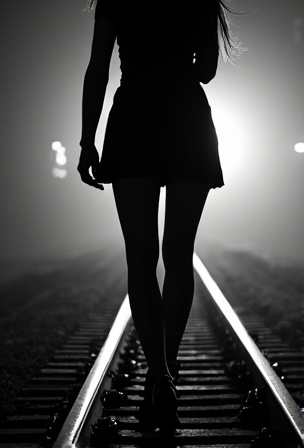 AI generated image by FLUX.1-image-to-image: The bnw silhouette of a woman's wide spreaded legs stands on railroad tracks.  A train spotlight from the background shines between her legs.