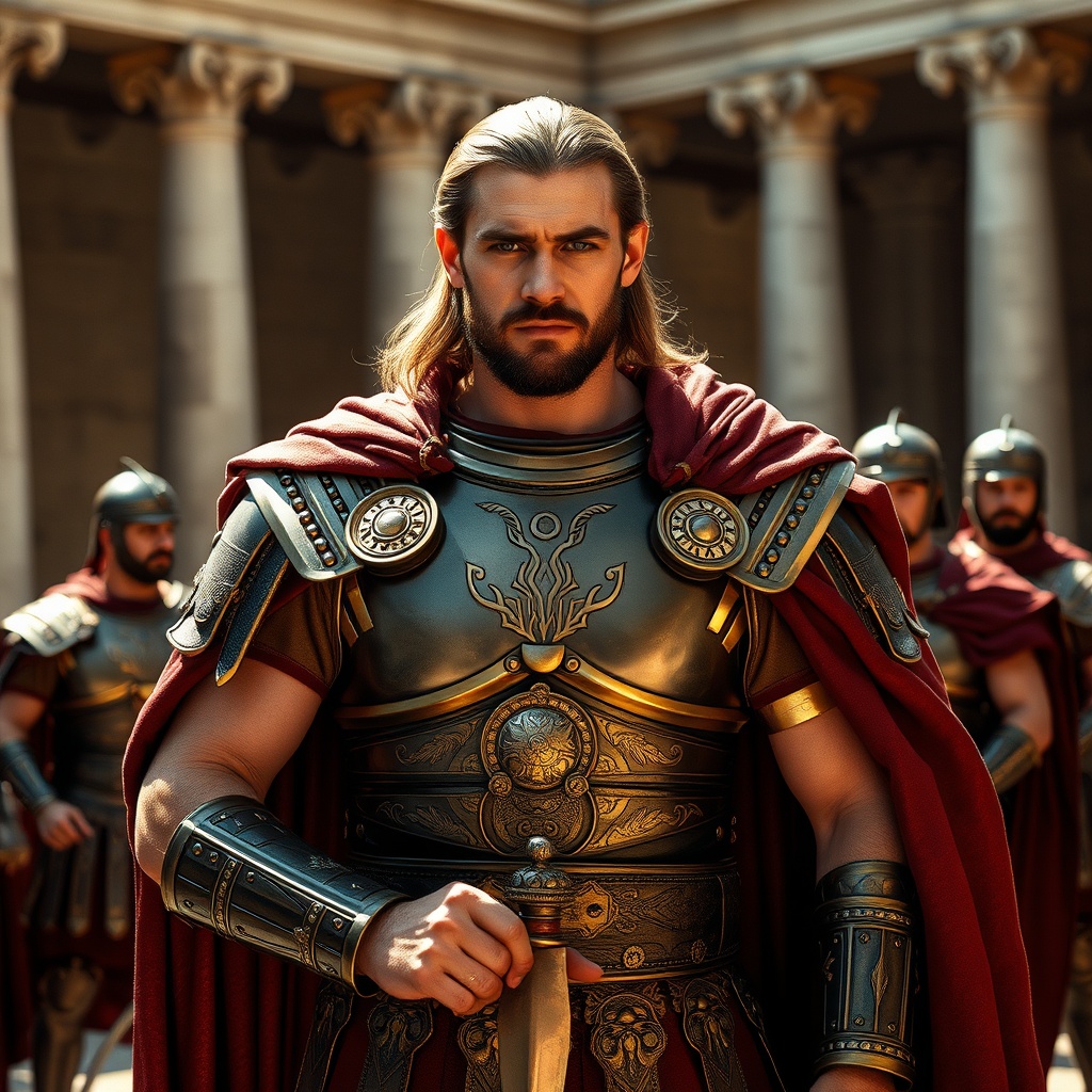 AI generated image by FLUX.1-schnell: Crea una imagen Powerful Roman legionary,  30s,  Caucasian male,  stands at attention,  wearing intricately detailed Roman armor.  Full metal breastplate with ornate gold accents and decorative buckles.  Dark reddish-brown cloak draped over shoulders and body,  full historical accuracy.  A sharp, determined expression, with a serious, commanding demeanor.  The warrior is holding a sword in his hand, held low, and has a composed, attentive pose.  He has long brown hair and a short, trimmed beard.  Historical Roman army style, with other soldiers in the background, wearing similar gear. The environment shows a classical, ancient architectural setting, like a Roman forum or piazza.  Stone columns and arches are visible. Sunlight illuminates the scene from a high angle, casting soft shadows, creating realistic light and shadow interplay.  The colors are muted earth tones, and rich metallic shades of gold, bronze, and copper, with deep crimson tones of the cloak.  The texture of the armor is detailed, depicting rivets, seams, and embossed patterns, giving a sense of historical accuracy and realism.  The background, composed of other Roman soldiers in the same armor. The overall mood is serious and commanding, reflective of a military scene.  Photorealistic, high-detail historical reenactment. Detailed composition, focusing on the central figure.  A portrait-style image, conveying strength, power, and historical immersion.