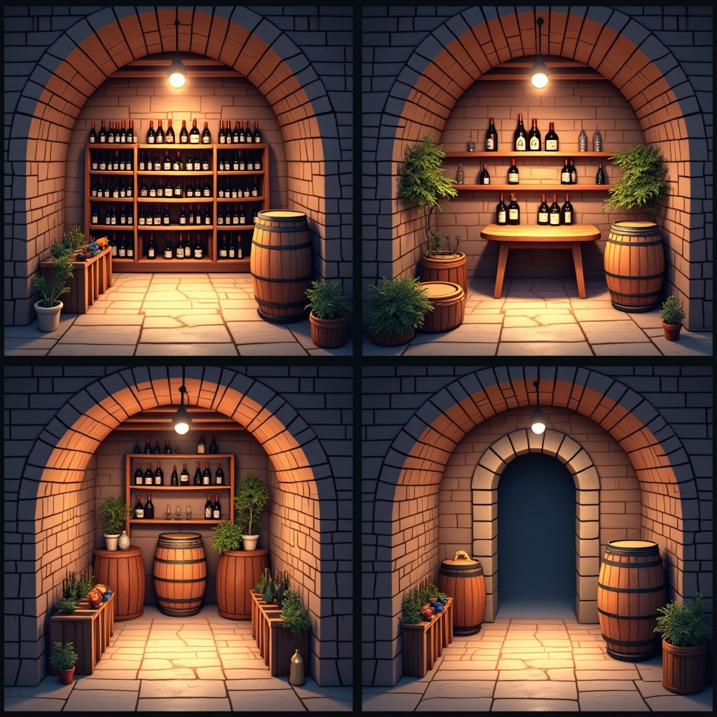 AI generated image by FLUX.1: A 2x2 grid showcasing four different views of a rustic underground wine cellar. The cellar features exposed brick walls and wooden beams, with soft, warm lighting illuminating the space. Each view shows a different angle: one captures rows of wine bottles on wooden racks, another focuses on a small tasting area with a table and glasses, the third highlights an ornate wine barrel, and the last one showcases a stone archway leading to a hidden corner. The scene is surrounded by the rich hues of red and white wine bottles, with a cozy atmosphere that evokes a sense of sophistication and warmth. Rendered in a photorealistic, high-detail, anime style