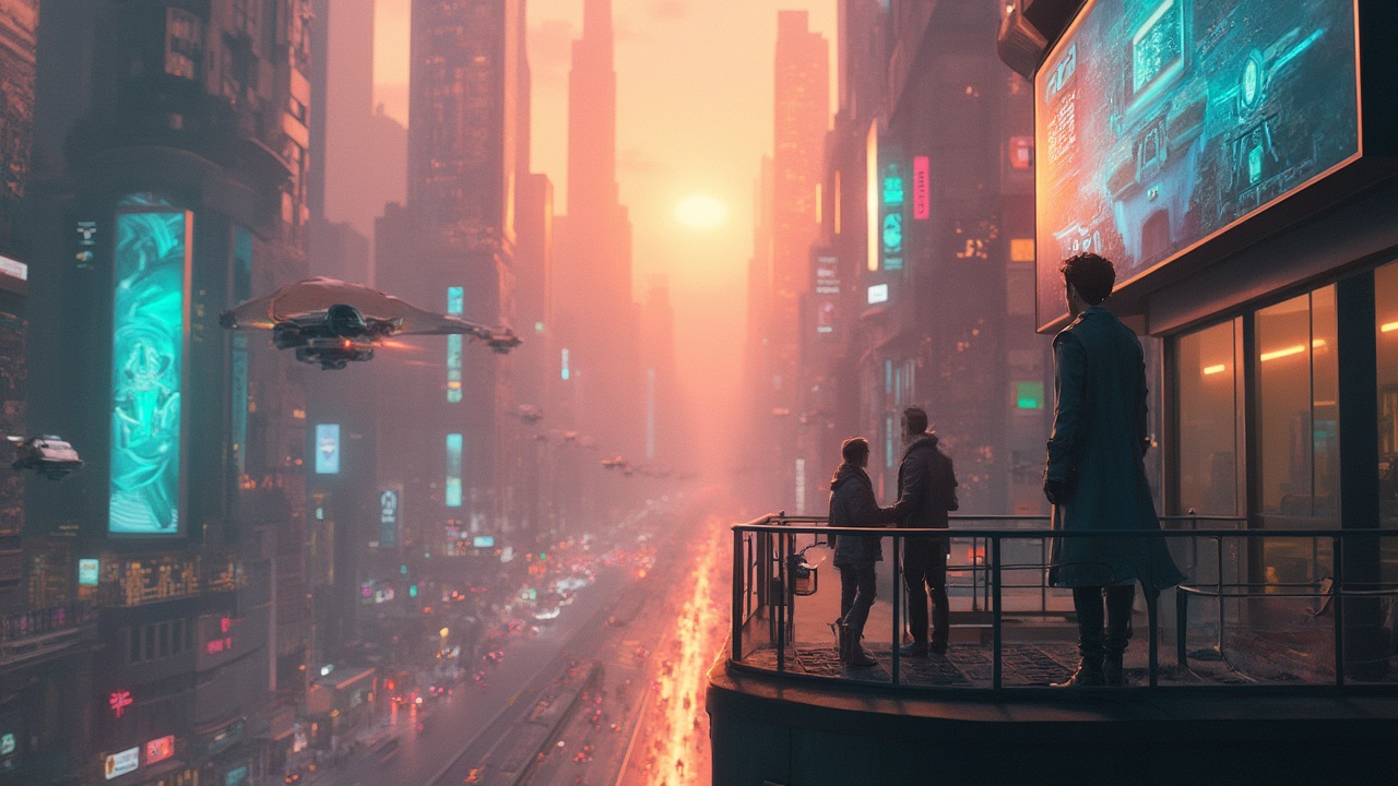 AI generated image by FLUX-Realism-Lora: A futuristic cityscape at sunrise, with towering skyscrapers made of glass and metal reflecting vibrant orange and pink hues. Hovering vehicles zip through mid-air traffic lanes, leaving trails of soft neon light. A massive holographic billboard displays a dynamic advertisement above bustling streets filled with people in sleek, tech-enhanced clothing. In the foreground, a lone figure in a long trench coat stands on a balcony, overlooking the city with a robotic companion by their side, the glow of its eyes matching the city lights below