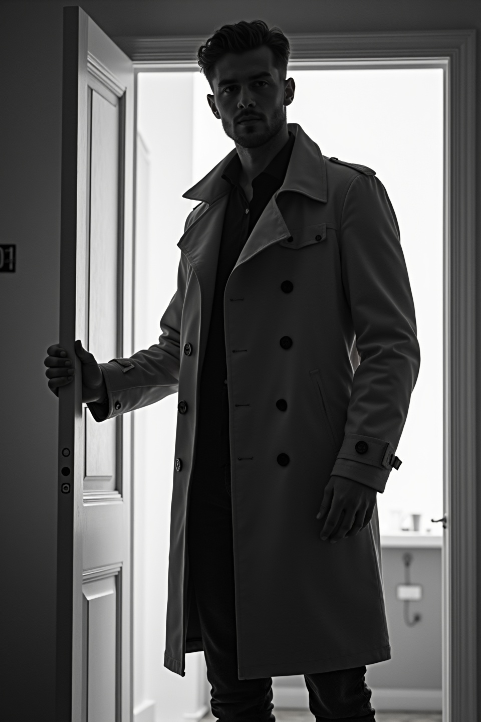 AI generated image by FLUX.1-image-to-image: black-and-white photo with the backlit dark silhouette of a handsome broad-shouldered man in a trench coat standing in a doorway coming and looking to camera. 
The man holding the door, as if he just entered the room. God rays. Backlight 