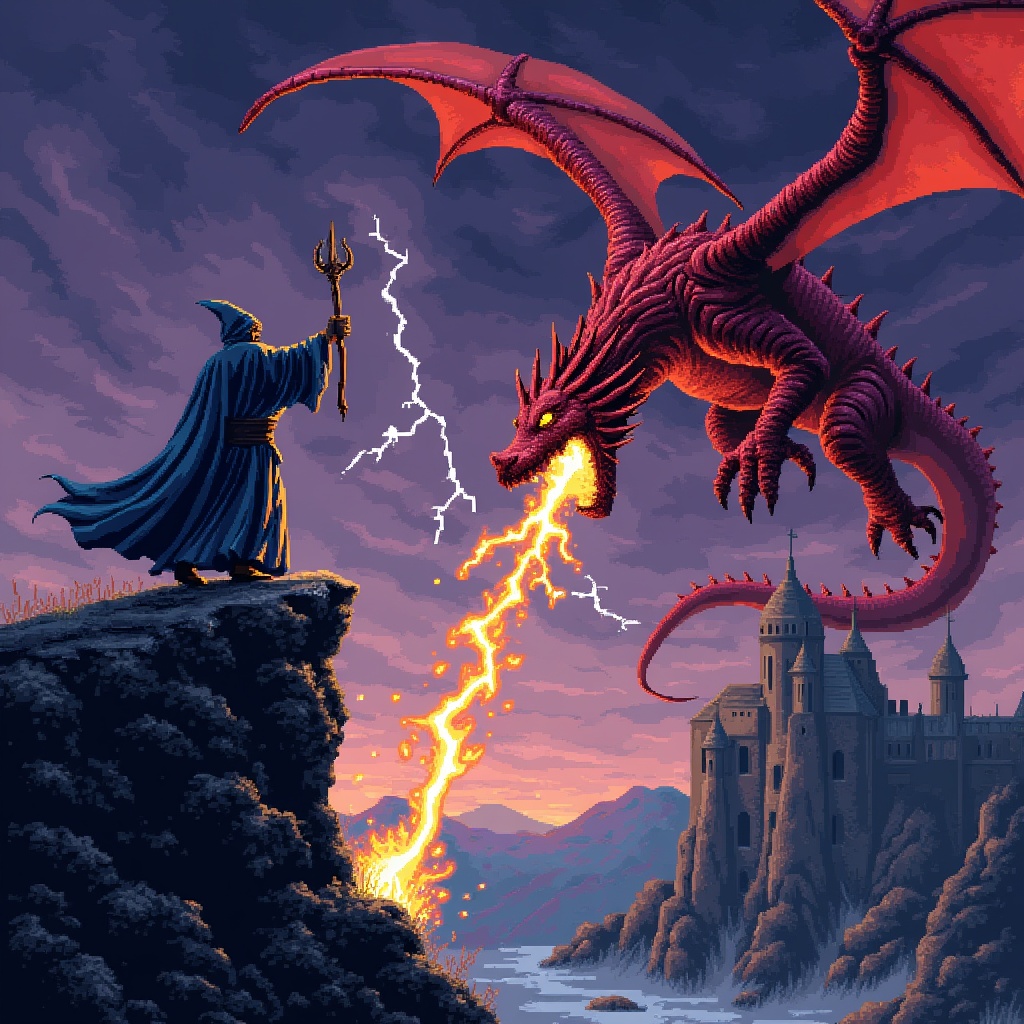 AI generated image by FLUX.1: "A pixelated, retro-style fantasy battle scene reminiscent of 16-bit era video games. A lone wizard in tattered, deep-blue robes stands atop a jagged cliff, staff raised high, casting a glowing arcane spell toward a monstrous dragon. The dragon, massive and coiled mid-air, has crimson scales, glowing yellow eyes, and a gaping mouth full of fire. The background is a grainy, stormy sky with dark purple clouds and flickering lightning bolts, illuminating a ruined medieval castle in the distance. The entire scene is rendered in a nostalgic, grainy CRT style with visible scan lines and pixel bloom—evoking the feel of a forgotten cartridge-era RPG boss battle. The moment is frozen in time: tension crackles, magic hums, and destiny looms large over the clash of myth and fire."