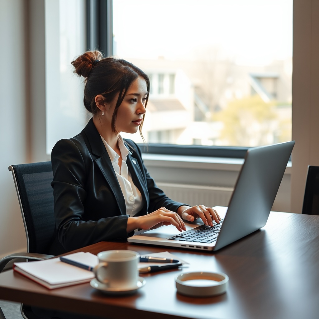 AI generated image by FLUX.1-schnell: Eine professionelle Mitarbeiterin sitzt konzentriert vor einem geöffneten Laptop in einem modernen Büroumfeld. Sie trägt Businesskleidung und tippt auf der Tastatur, während sie auf den Bildschirm schaut. Auf dem Schreibtisch sind ein Notizbuch, ein Stift und eine Tasse Kaffee zu sehen. Das Licht fällt durch ein nahes Fenster ein und schafft eine produktive Atmosphäre. Die Szene vermittelt Professionalität, Konzentration und eine angenehme Arbeitsumgebung.