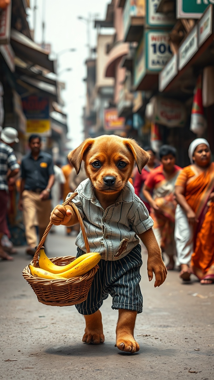 AI generated image by FLUX.1-schnell: "A brown puppy wearing an old, dirty, and torn white striped shirt and black striped pants is walking through a busy Indian market street, carrying a basket full of bananas. The puppy looks tired but determined. People are walking on both sides of the street, creating a natural crowd atmosphere. The background includes Indian-style market shops, street vendors, signage, and buildings. The environment is clear, detailed, and realistic — no background blur. The scene is ultra-realistic, emotional, cinematic, and in 16K resolution, capturing the puppy's hard-working spirit amid the bustling life of an Indian bazaar."

