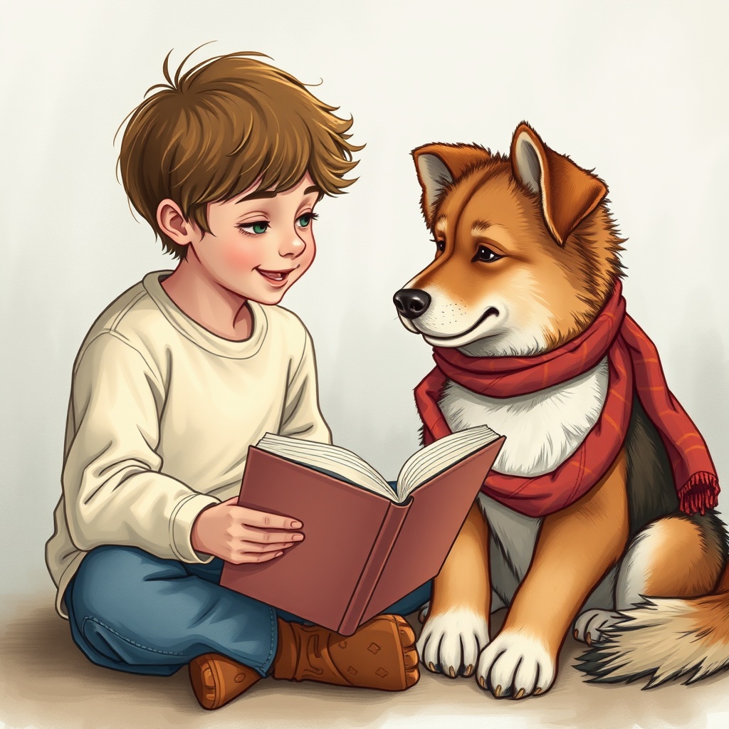 AI generated image by FLUX.1-schnell: Ein 9jähriger Junge liest einem braunen Zwergpudel aus eine Buch etwas vor. Der Hund sitzt entspannt und lächelt neben ihm. Der Zwergpudel trägt ein rotes Dreieckstuch um den Hals. Der Junge liest sehr entspannt vor und streichelt den Hund