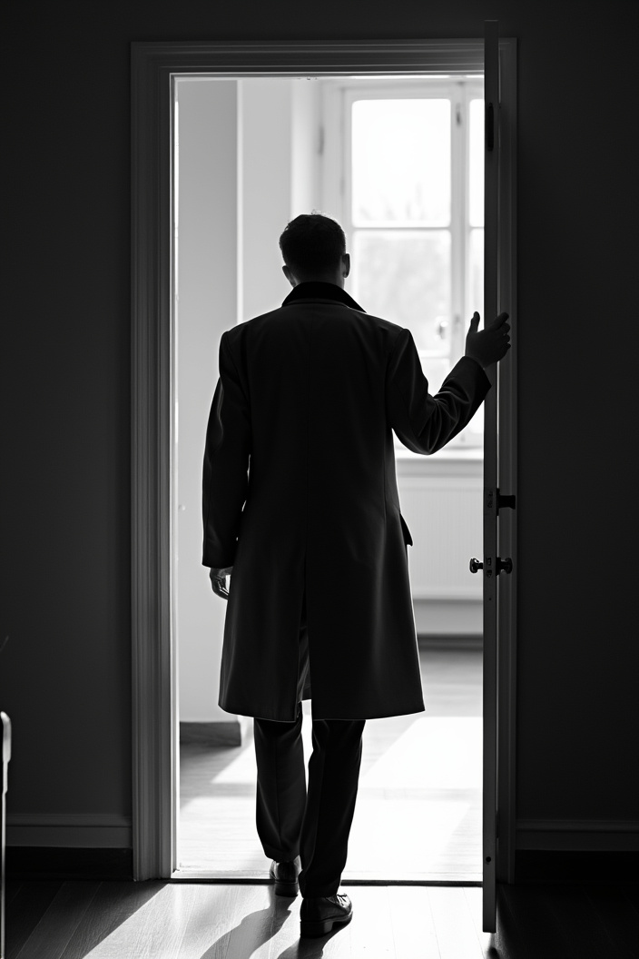 AI generated image by FLUX.1-pro: black-and-white photo with the broad-shouldered silhouette of a man in a trench coat standing in a doorway. 
The man holding the door handle, as if he just entered the room.