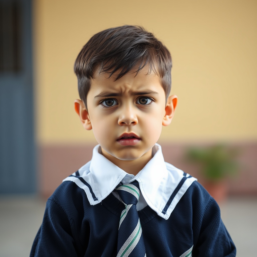 AI generated image by FLUX.1-schnell: A school Iranian child in a school uniform without tie who is anxious and worried.