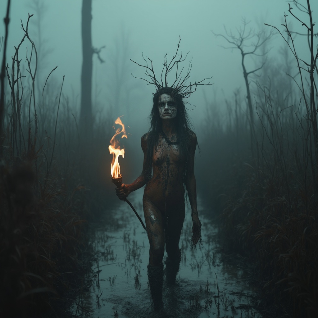 AI generated image by FLUX-Realism-Lora: Photography of a woman with a crazy expression on her face walking in a foggy swamp, in a cloudy day, dead trees and dark long tall grass, mud and water around her. She has a slim body painted with black charcoal and white paint in a tribal way, she is holding a fire torch that lights up her face with warm light and is walking scared and alert to her surroundings. Photo realistic, real photography. Movie frame.