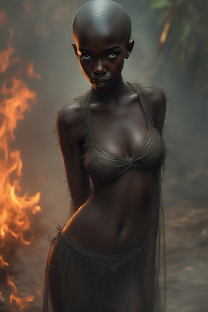 AI generated image by FLUX.1-pro: a very black bald black woman with blue eyes stands in a bathing suit near a fire, her whole body in the frame
