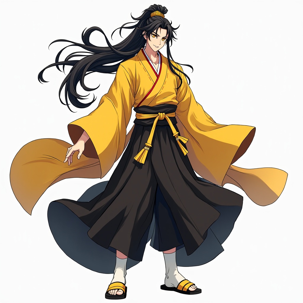 AI generated image by FLUX.1: A beautiful young anime man with, long, tousled black hair tied in high ponytail with golden ornaments that resembles a kanzashi. His golden eyes glimmer with intensity, framed by fair skin and a slender, muscular build. Draped in a flowing yellow-black kimono, wide sleeves flutter gracefully, accented by red stitching that highlights his form. Beneath, dark black hakama pants create a rich contrast, while a large black-yellow obi belt cinches his waist, the bow elegantly tied at the front. Traditional sandals with black soles and yellow straps complement white socks, exuding an aura of both allure and intimidation, his cold, reserved expression