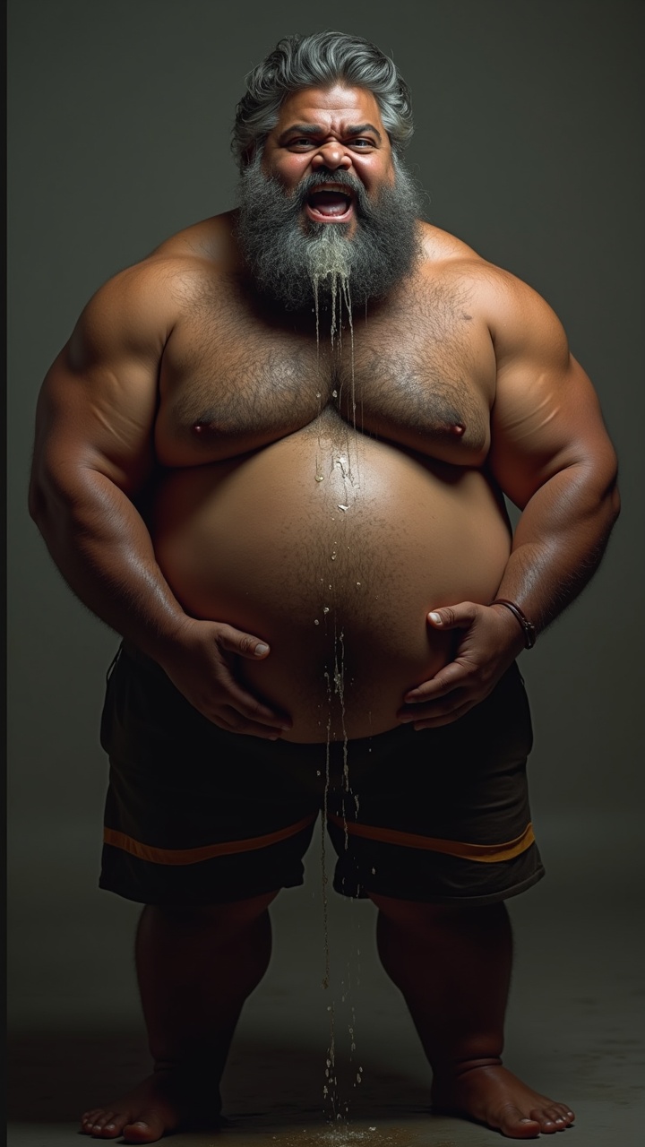 AI generated image by FLUX.1: Danny who is a big pot bellied, obese, dark skinned, hairy, grey haired, lustful, macho, matured hairy dark Tamil alpha male math teacher with thick eyebrows, full plump lips, thick beard and very big beefy and muscular chests is holding Tommy, a stocky student. Danny and Tommy are having a secret affair after class. Both Danny and Tommy are completely naked without clothes on and wet all over. Tommy is caressing Danny's masculine, hairy, big, fat, dark skinned pot round belly with a big belly button. Danny's dark skinned big hairy belly has a big round belly button that is deep. Danny also has fat beefy thighs and big feet. Danny is hugging Tommy very close with both his big strong arms and is spitting a lot of wet strands of saliva with in Tommy's wide open mouth who is sticking his tongue out for Danny. The saliva runs down all over Danny's beard, his big hairy belly, thick thighs and his thick feet. Danny has a thick, erect penis with  low hanging scrotum which is drenched in saliva.