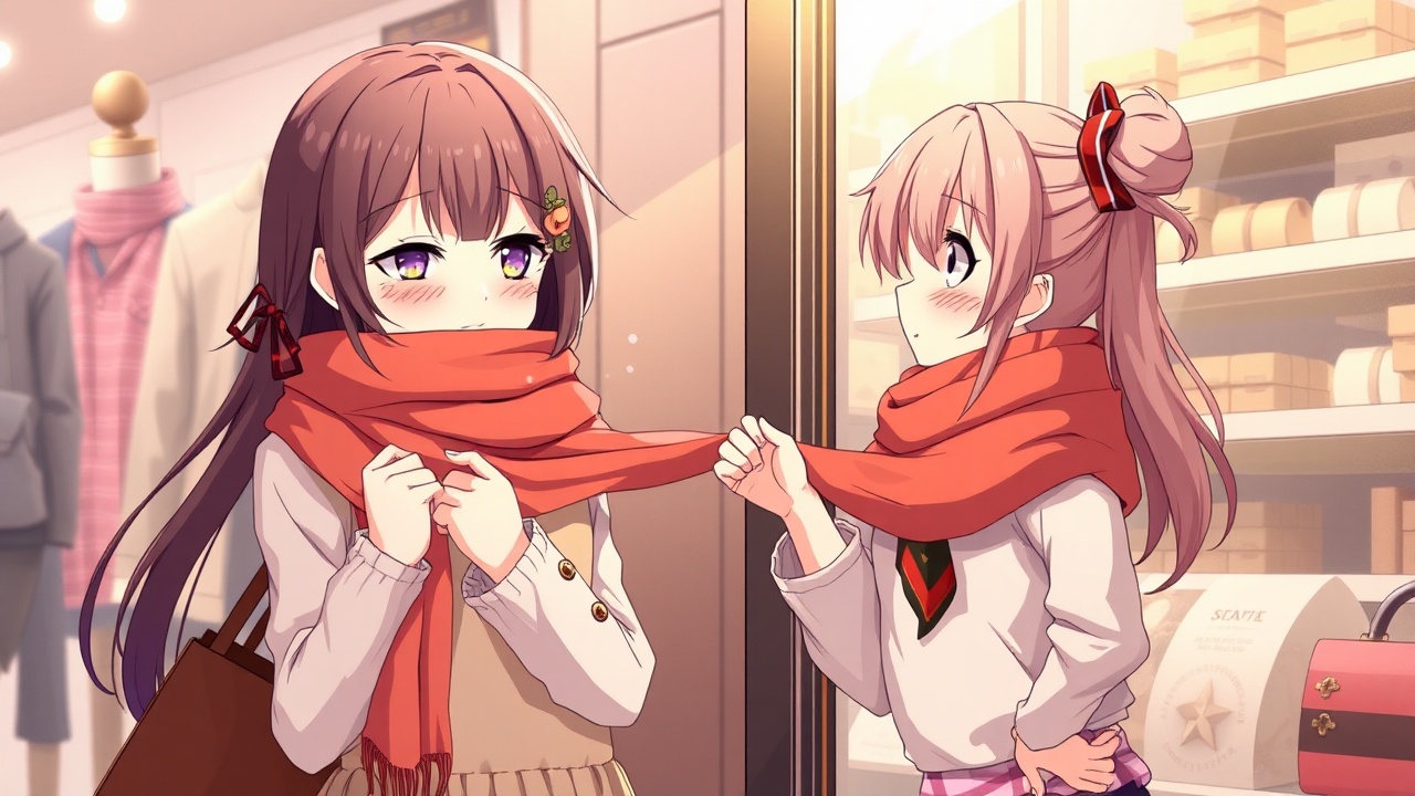 AI generated image by FLUX.1-schnell: Two anime girls are shopping, The girl on the left was about to move forward, but the girl on the right grabbed her scarf, stopping her from moving forward. Her expression showed a bit of embarrassment and helplessness. The girl on the right held her scarf with her right hand, put her left hand on her waist, and looked at the goods in the window, staring at them, as if thinking: I'm going to buy this. in the style of fantasy art painting.