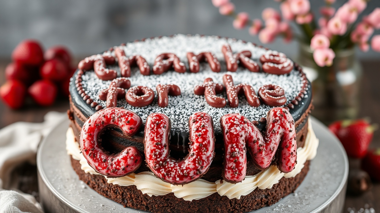 AI generated image by FLUX.1-schnell:  black forest gateau cake spelling out the words "thanks for the cum", tasty, food photography, dynamic shot