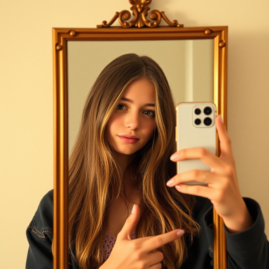 AI generated image by FLUX.1-schnell: teen girl taking mirror selfie from her iphone 15 pro golden color