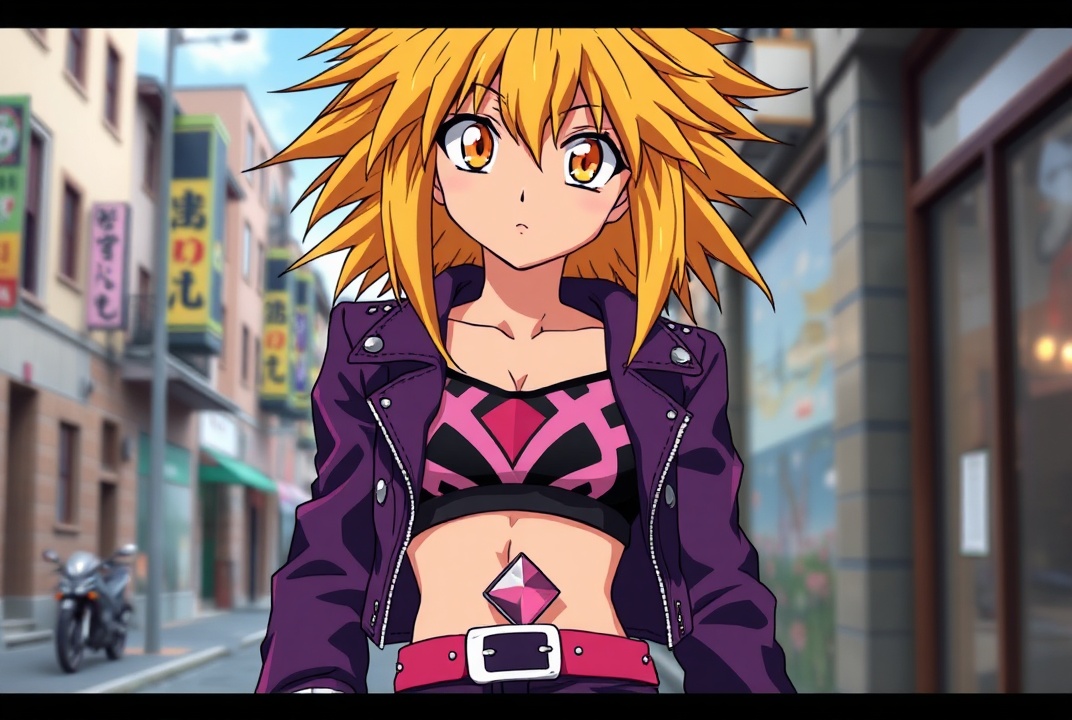 AI generated image by FLUX.1-schnell: takahiro kimura retro anime art, as gaogaigar character, 1997 anime style tv show screencap screenshot, golden orange eyes, big cartoonish eyes, golden yellow fallen grungy messy hair, big lionhair style, long messy spiky hair fringe bangs, tanned skin, purple black leather jacket, purple black leather pants, studded pink belt, black sport bra with pink and white designs, fit attractive femenine body with few muscular abs, woman, pink gem navel piercing, big breast, street background, better shaders