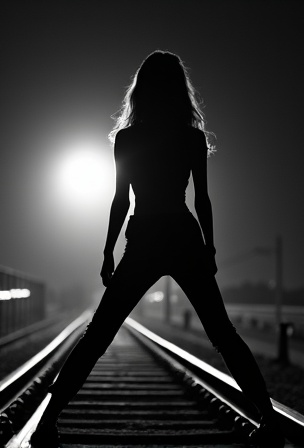 AI generated image by FLUX.1-image-to-image: The bnw silhouette of a woman's wide spreaded legs stands on railroad tracks.  A train spotlight from the background shines between her legs.