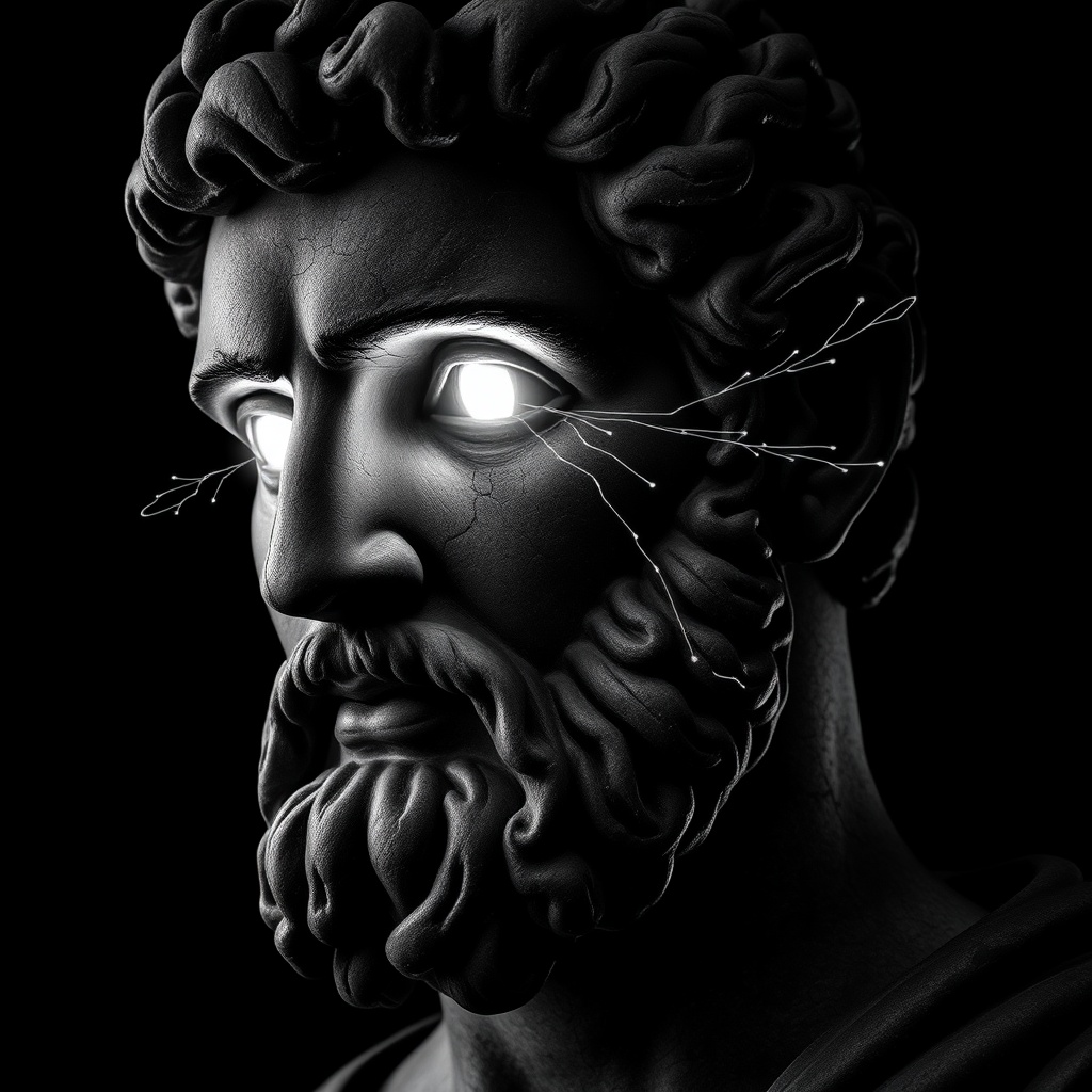 AI generated image by FLUX.1-schnell: The image portrays a striking depiction of a historical stone-carved bust of a man, reminiscent of classical representations such as Marcus Aurelius. The figure is rendered entirely in monochromatic black and white tones, emphasizing the texture of the chiseled stone with its fine cracks, weathered grooves, and intricate details. looking to the side

The man’s facial features exude an aura of dignity and contemplation: a pronounced chin, voluminous, curly hair, and a dense, meticulously carved beard. However, the most captivating feature is his eyes. Instead of lifeless stone, they emit a dazzling, otherworldly white light.

This light appears to flow like liquid, slowly spilling from the eyes and tracing delicate, almost organic paths down the statue’s face. These glowing streams seem to leave faint trails, as if the light itself is transforming or "animating" the stone. The radiant lines stand in sharp contrast to the deep shadows carved into the crevices and folds of the face, accentuating the sculpture’s dramatic contours.

The overall atmosphere of the image is mystical and timeless, as if the man—symbolizing wisdom and power—has emerged from eternity to convey a profound message. The stark black-and-white palette adds a sense of gravity and symbolism, while the flowing light from the eyes imbues the image with a surreal, almost divine quality.
