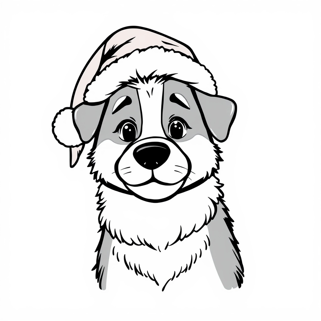 AI generated image by FLUX.1-schnell: Illustration, Ausmalbild für Kinder, Hund mit Weihnachtsmütze, minimalistisch, schwarz-weiß, nur schwarze dicke Umrisse auf weißem Hintergrund, Cartoon-Vektor. 