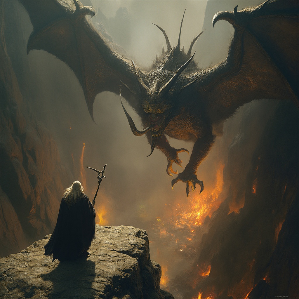 AI generated image by FLUX-Realism-Lora: A realist scene from the lord of the rings where Gandalf is fighting a Balrog viewed from a birds eye view