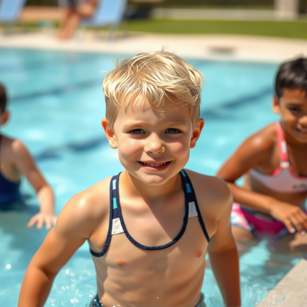 AI generated image by FLUX.1-schnell: 10 year old blond boy in a swimsuit coming out of the water at the pool