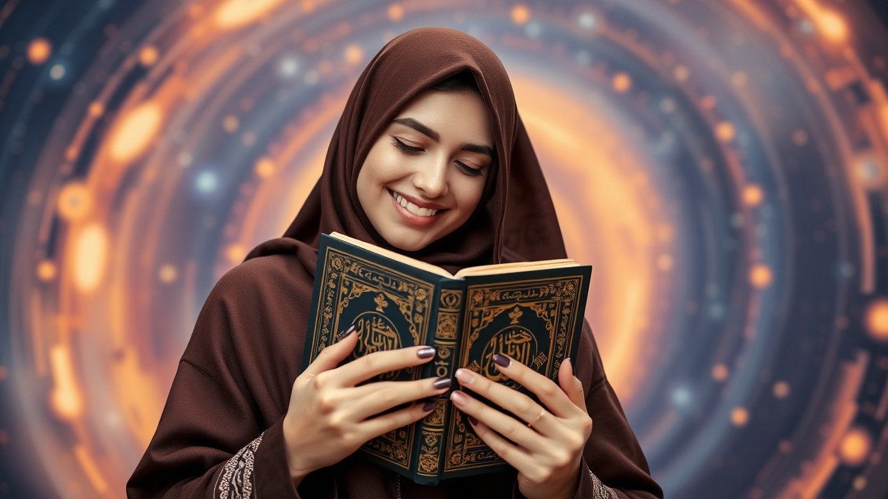 AI generated image by FLUX.1-schnell: a beautiful woman wearing a hijab smiles while hugging the Koran against the background of the Islamic version of the solar system